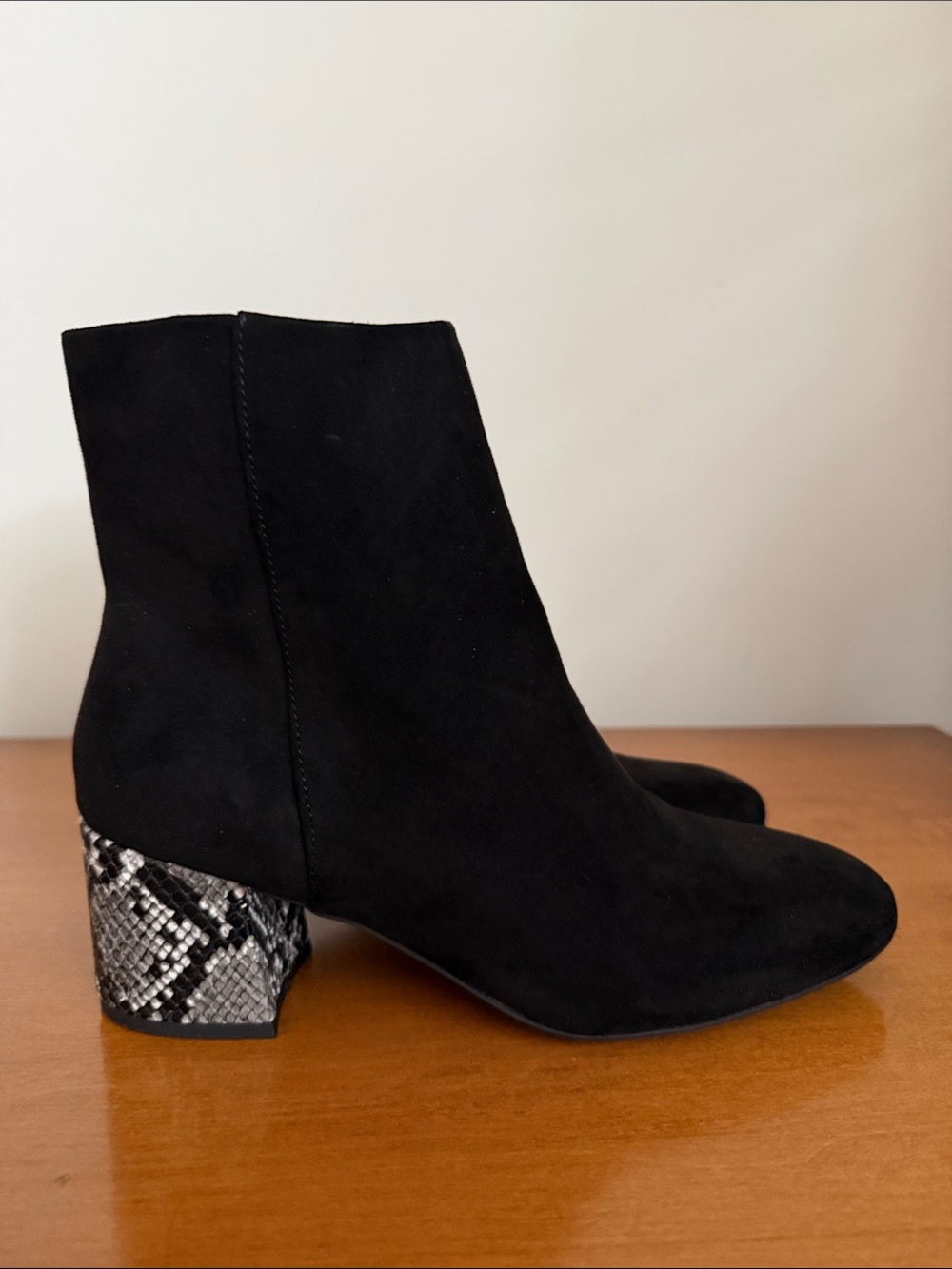 Sugar Black Suede Ankle Boots with Snake-Print Block Heel